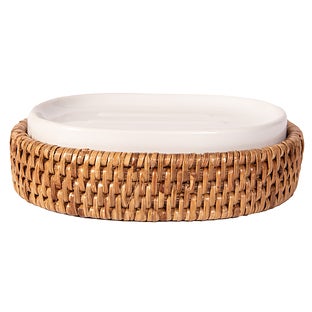 Artifacts Rattan Rattan Oval Soap Dish with Ceramic Insert - White Wash